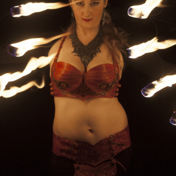 Leather costume for fire artist Freya Danger