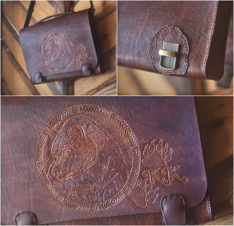 Leather breifcase with a bear