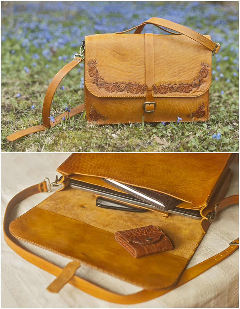 Womens yellow leather briefcase with floral carvings