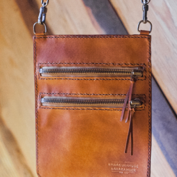 Brown leather neck wallet with zippers