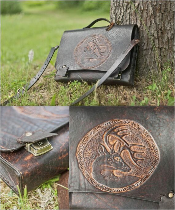 Leather briefcase with a deer