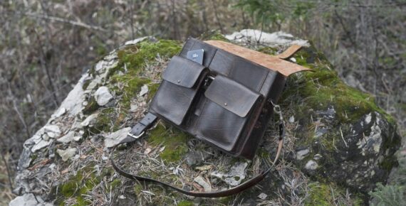 Briefcase with many pockets in dark brown