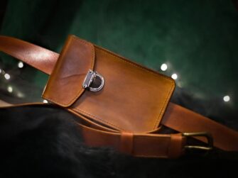 Medium brown leather bag from the front (landscape style).