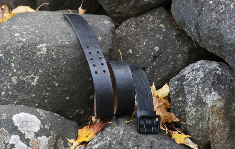 Black leather belt with two- pronged buckle