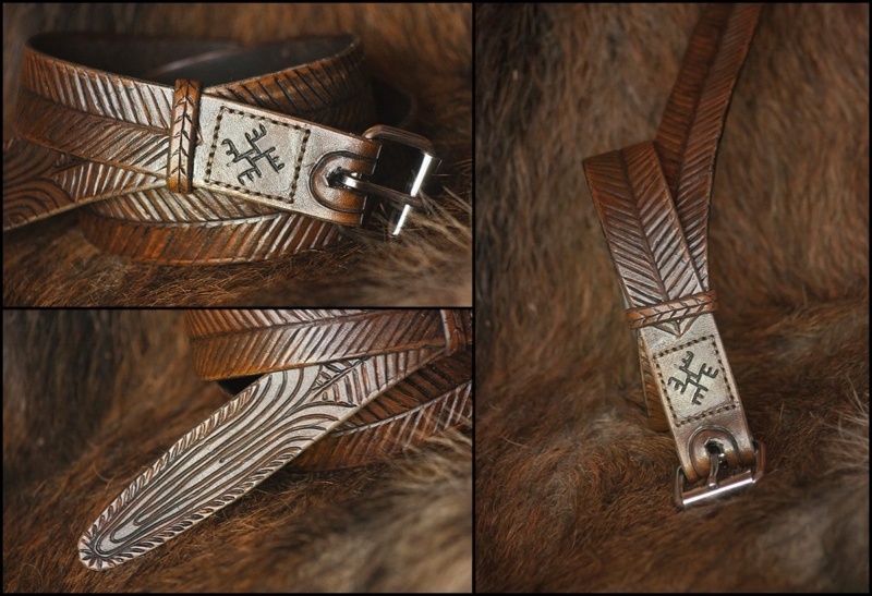 Brown belt with herringbone pattern.