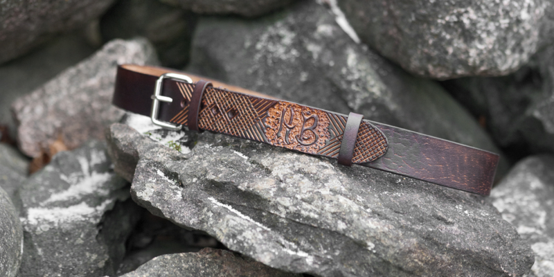 Leather belt with hand carved pattern and initials