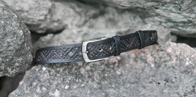 Black leather belt with hand carved folk pattern