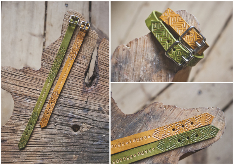 Yellow and Green leather collar with a pattern, name and phone number, handmade