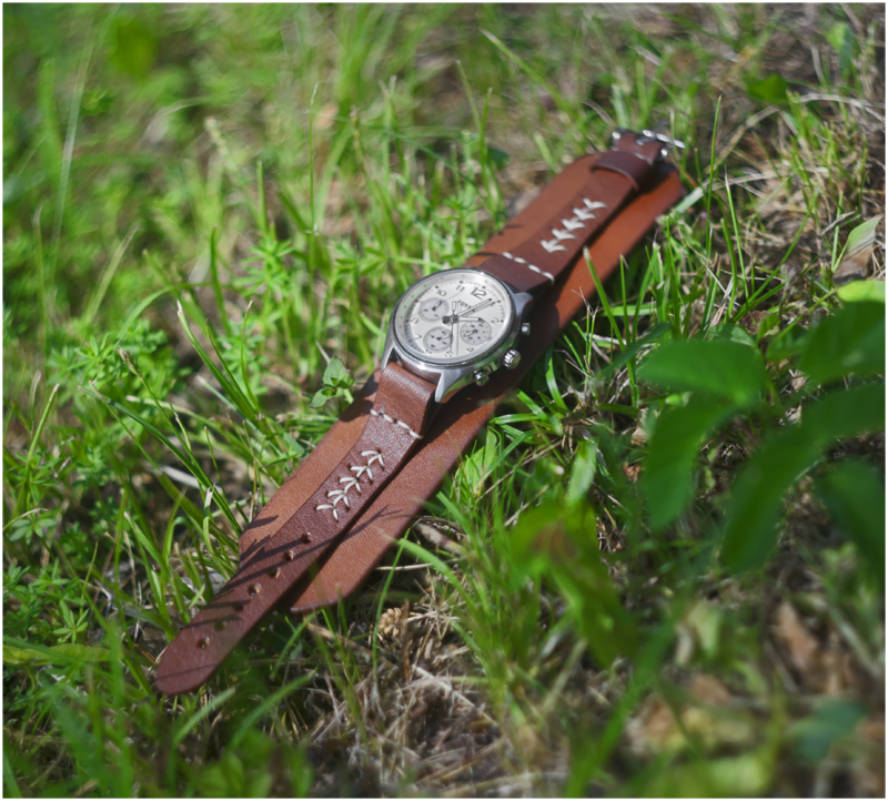 Natural leather watch strap with sewings done by light thread. Watch band is handmade in Wanakuramus's leather workshop