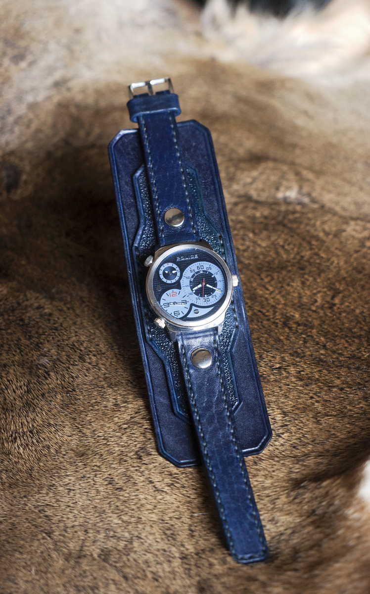 Layered blue leather watch strap