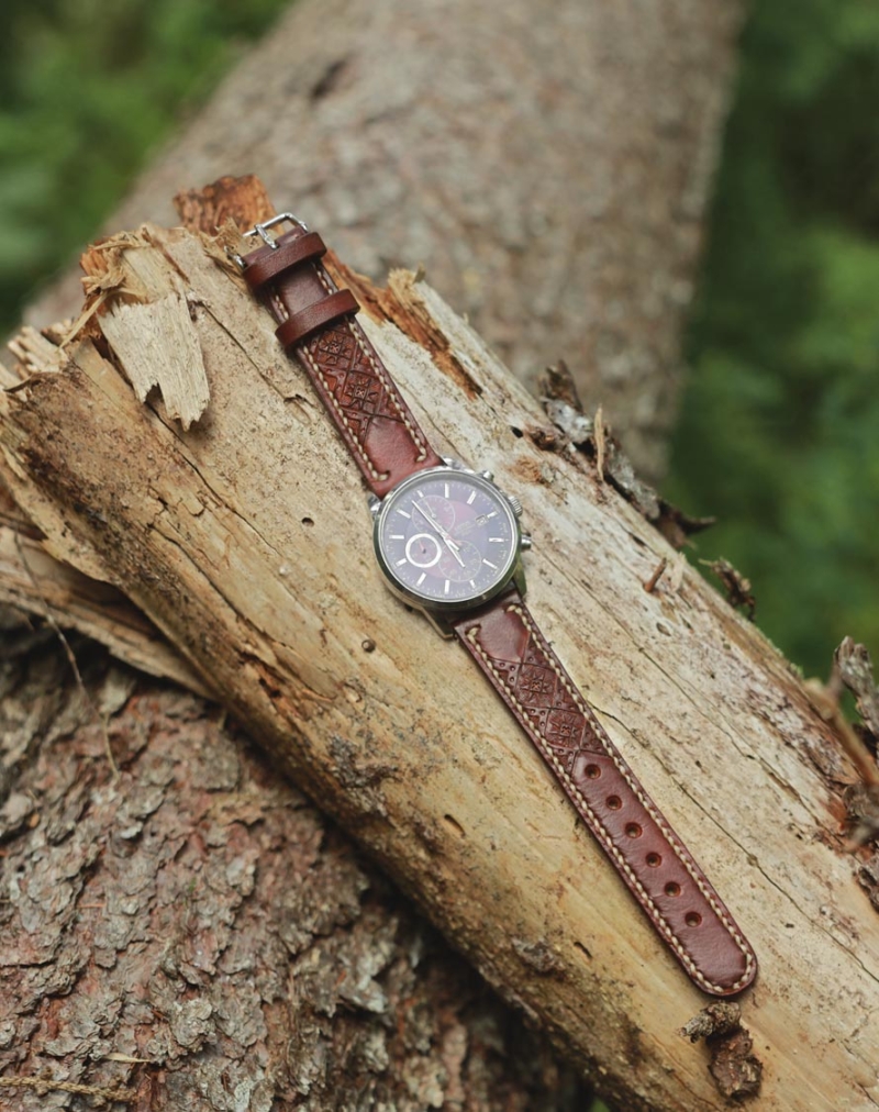Carved brown leather watch strap