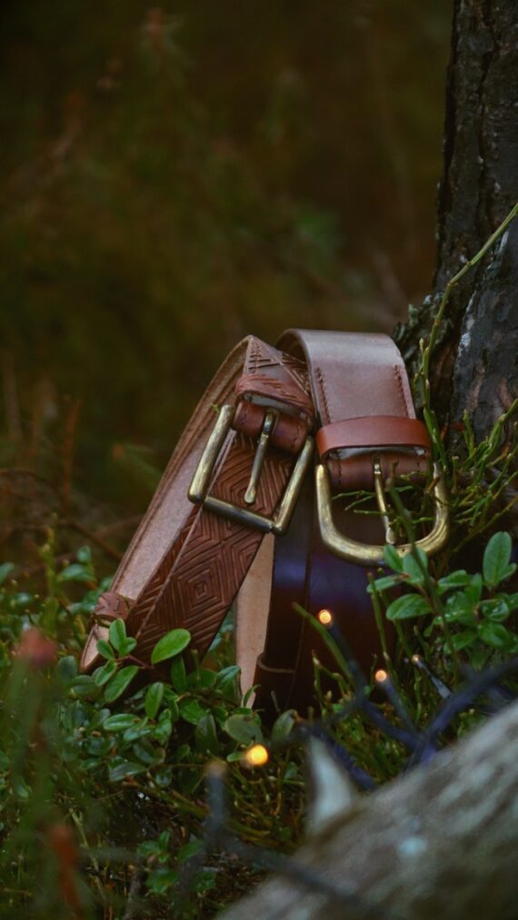 Two belts are set to lean to the tree trunk. Belts are surrounded by forest plants and there is a deep darker green background which stems from the actual forest trees and plants farther away.