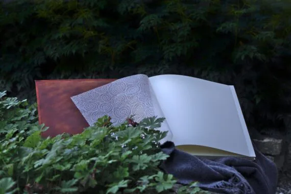 Square shaped album is opened and placed onto the woolen blanket on the stone wall. Album is surrounded by rather darker green bushes.