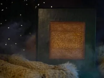 Green photo album is set onto fur and surrounded with a this magical smoke. It has a light brown application on the front cover.