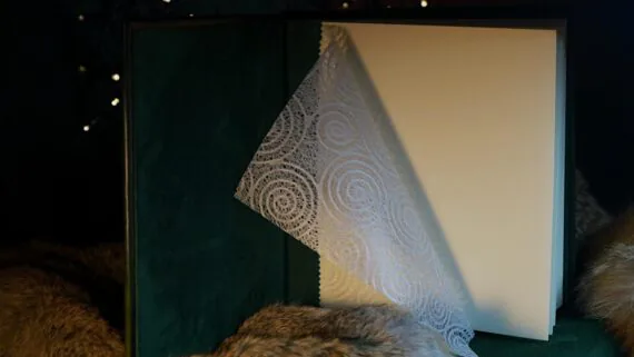 Green photo album is set onto fur and the front cover is opened. The endpapers are made of thin japanese paper.