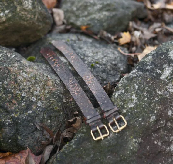Wristbands with runes, vegetable tanned leather.
