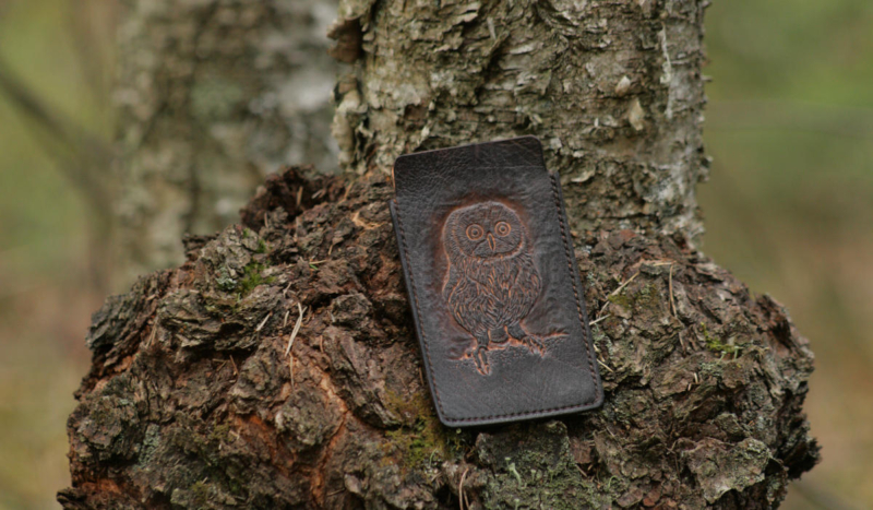 Leather phone sleeve with an owl image