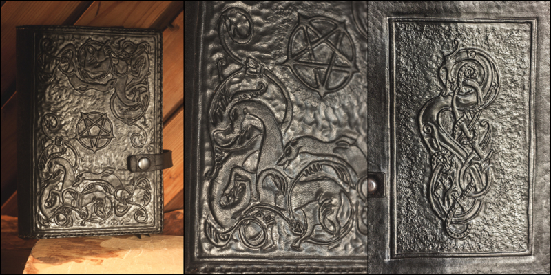 Leather notebook covers with Urnes style carvings