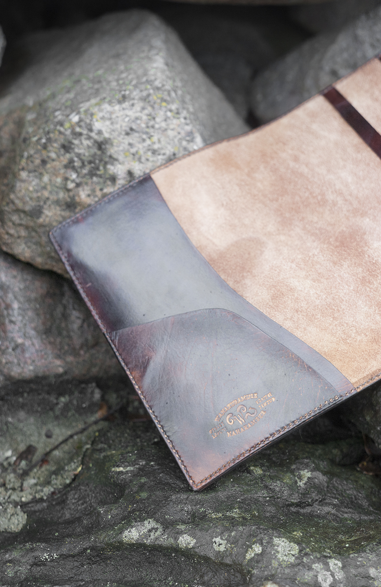 Leather notebook covers with hand carved butterfly, inside the front cover