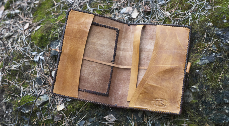 Laced leather notebook covers, inside.