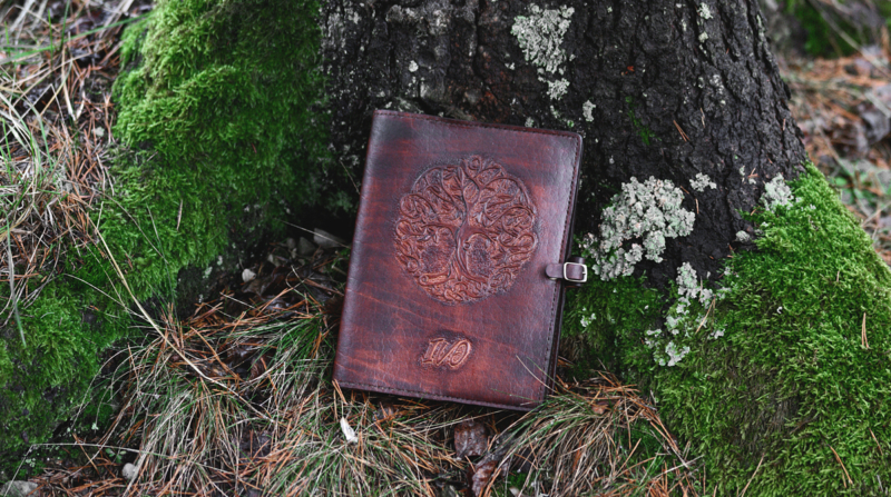 Leather notebook covers with hand carved tree image
