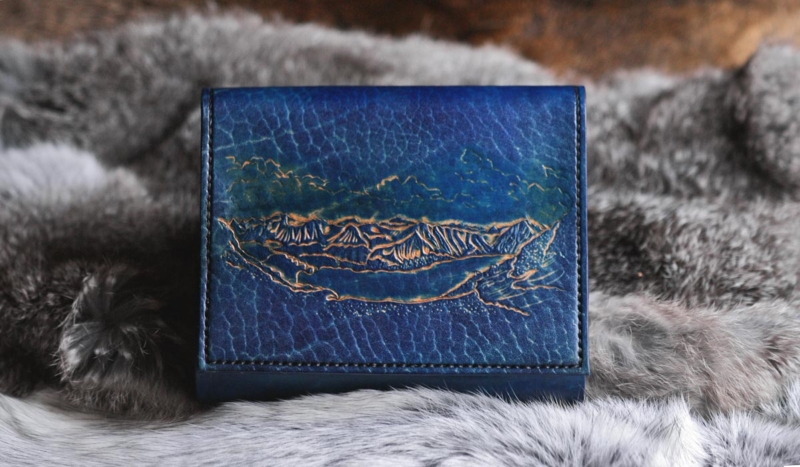 Blue leather covers with mountain lake image