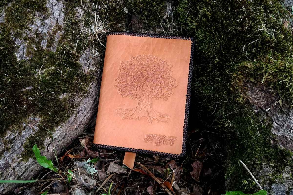 Leather notebook covers with an oak tree