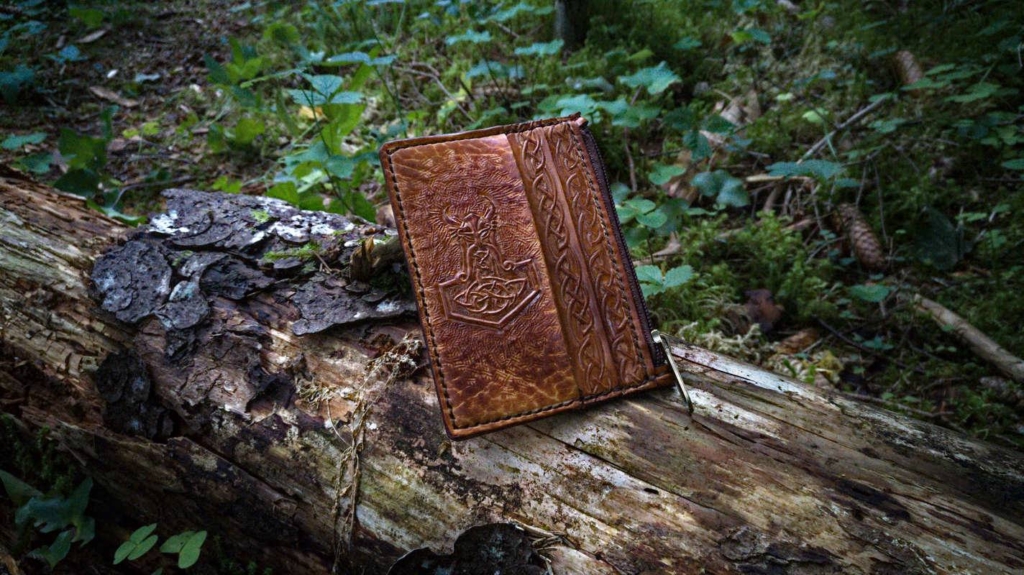 Leather card case with five pockets, decorated by hand carved viking image