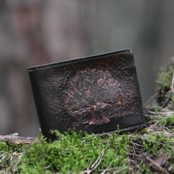 Wide leather wallet with carved oak tree