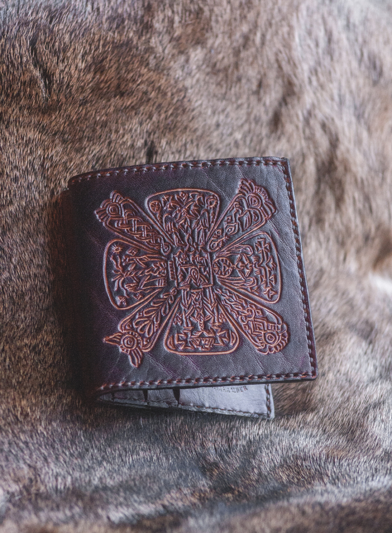 Leather bifold wallet with slavic cross