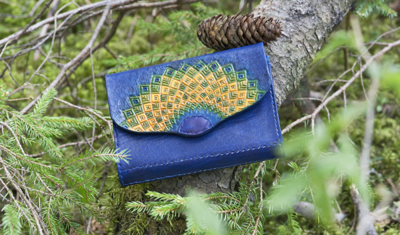 Classic women's wallet in blue with hand carved and painted pattern