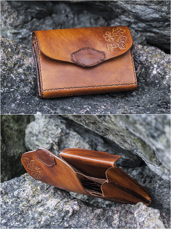 Brown women’s wallet with hand carved flowers