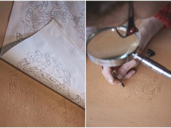 This image is made up by two photos set side by side. On the left side there is a drawing of the pattern on the see-through paper. The drawing is partly lifted aside to let the viewer observe the leather under it. The pattern is already traced an the leather has markings of the drawing on it. On the right side there is a photo of me, taken while carving the drawing onto the leather. I use a magnifying glass and a special swivel knife. Some of the traced pattern is already cut onto the leather and is more strongly visible.