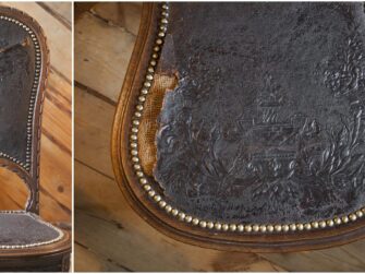 This photo is of the antique chair with old leather covers still attached to it. The leather seems quite brittle, is torn and missing pieces.