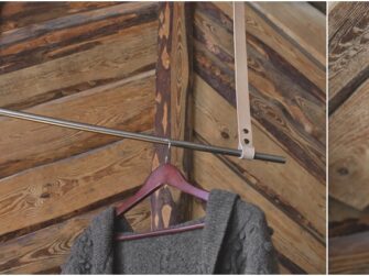 This image is made up by two side by side photos. Left photo shows the assembled coat rack with leather straps. Long pipe is put through the loops of the straps. There is a hanger with a coat hanging from the pipe. Right photo shows hoe the leather strap is attached to the ceiling. There is a metal D-ring for hanging it up and a leather loop to fasten it further.