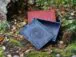 Large boxes in mahogany and blue are set onto the forest ground by the fallen and broken tree trunk. Blue box is placed to the front of the mahogany box and the lid is slightly pushed aside. It is visible that the box is covered by leather also on the inside. There are leaves all over the ground and some moss is visible between the tree roots.