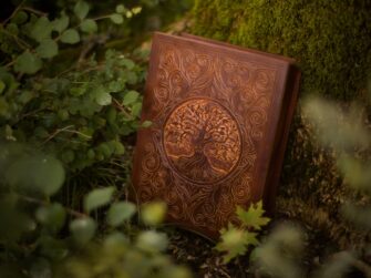 Leather box is set leaning upright, leaning to the tree trunk that is covered by moss. There are green plants surrounding the scene. This photo showcases the carvings on the leather box. There is a deeply carved iggdrasil tree in the center of the box lid. It is placed inside a circle frame. Remaining of the rectangular shaped cover is decorated by more and less deeply carved curvy motifs. That acts as an extension for the simple circle frame, makes the box look interesting but does not shadow the centerpiece. The box is medium brown color.
