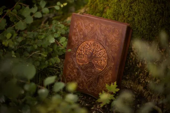 Leather box is set leaning upright, leaning to the tree trunk that is covered by moss. There are green plants surrounding the scene. This photo showcases the carvings on the leather box. There is a deeply carved iggdrasil tree in the center of the box lid. It is placed inside a circle frame. Remaining of the rectangular shaped cover is decorated by more and less deeply carved curvy motifs. That acts as an extension for the simple circle frame, makes the box look interesting but does not shadow the centerpiece. The box is medium brown color.
