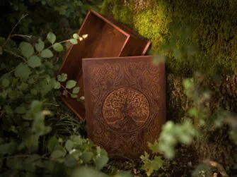 The lid of the leather box has been lifted off the box and set standing besides the box. This photo showcases the beauty of the carved lid as well allows to take a peek to the inside of the box - it is covered evenly with leather outside and inside.