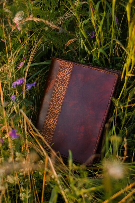 Tumepruuni värvi nahkpõimega kaaned. Kaante esiküljel on paremas servas nahale voolitud vöökirja mustritriibuke. Kaaned on asetatud aasal rohu ja põllulillede keskele.